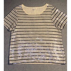 CHICOS Women's SIZE‎ 1 OPEN knit SHORT SLEEVE SEQUIN STRIPE CREAM BLUE